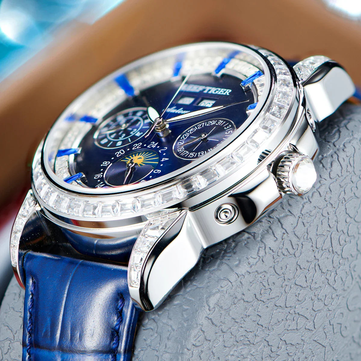 Automatic moonphase  watch by reef tiger diamonds bezel blue dial