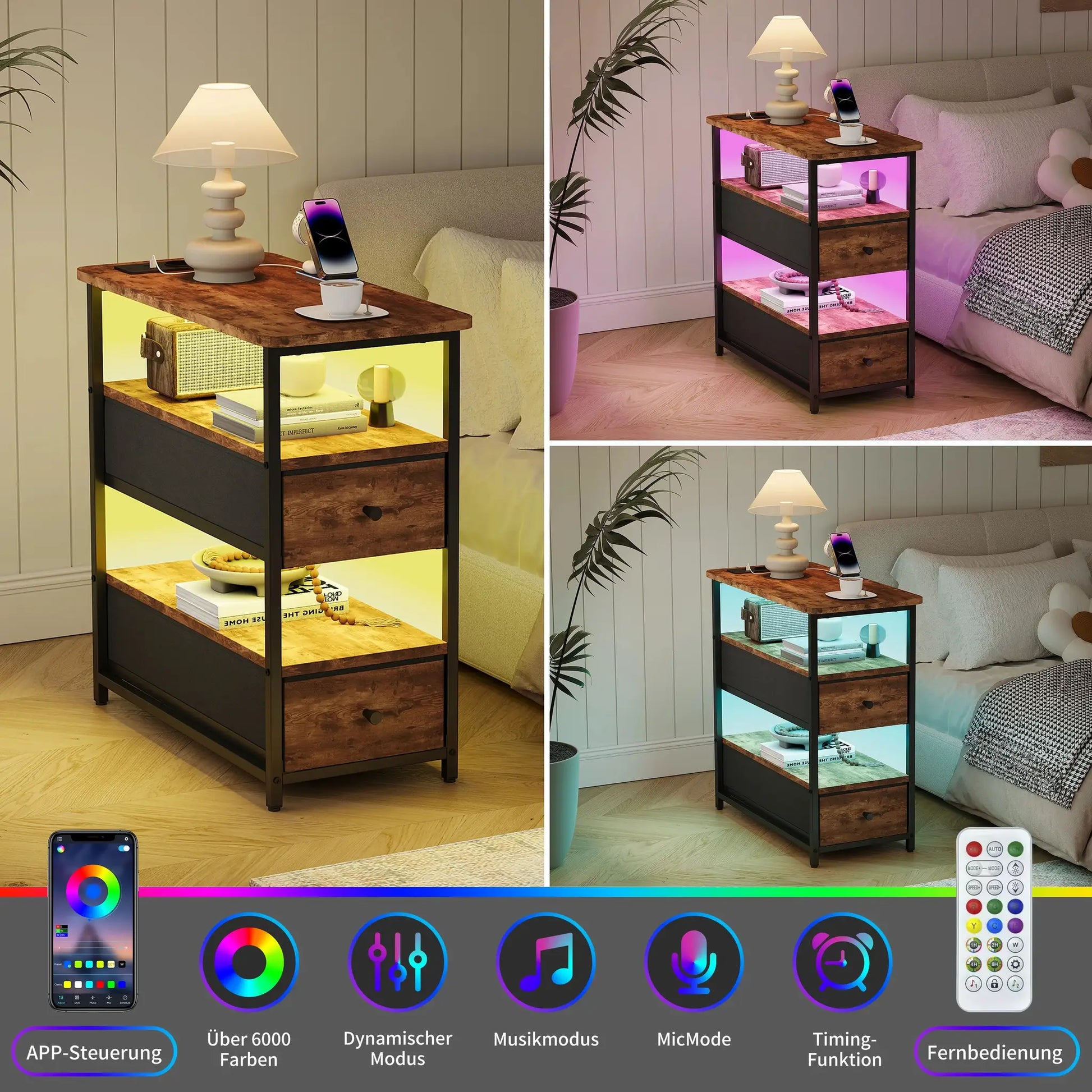 WOODENAURA Nachttisch mit zwei Stoffschubladen, LED-Licht + Ladestation, offenes Regal, Beistelltisch, braun, vierstufiger Aufbewahrungsschrank by Golden Bridge Store