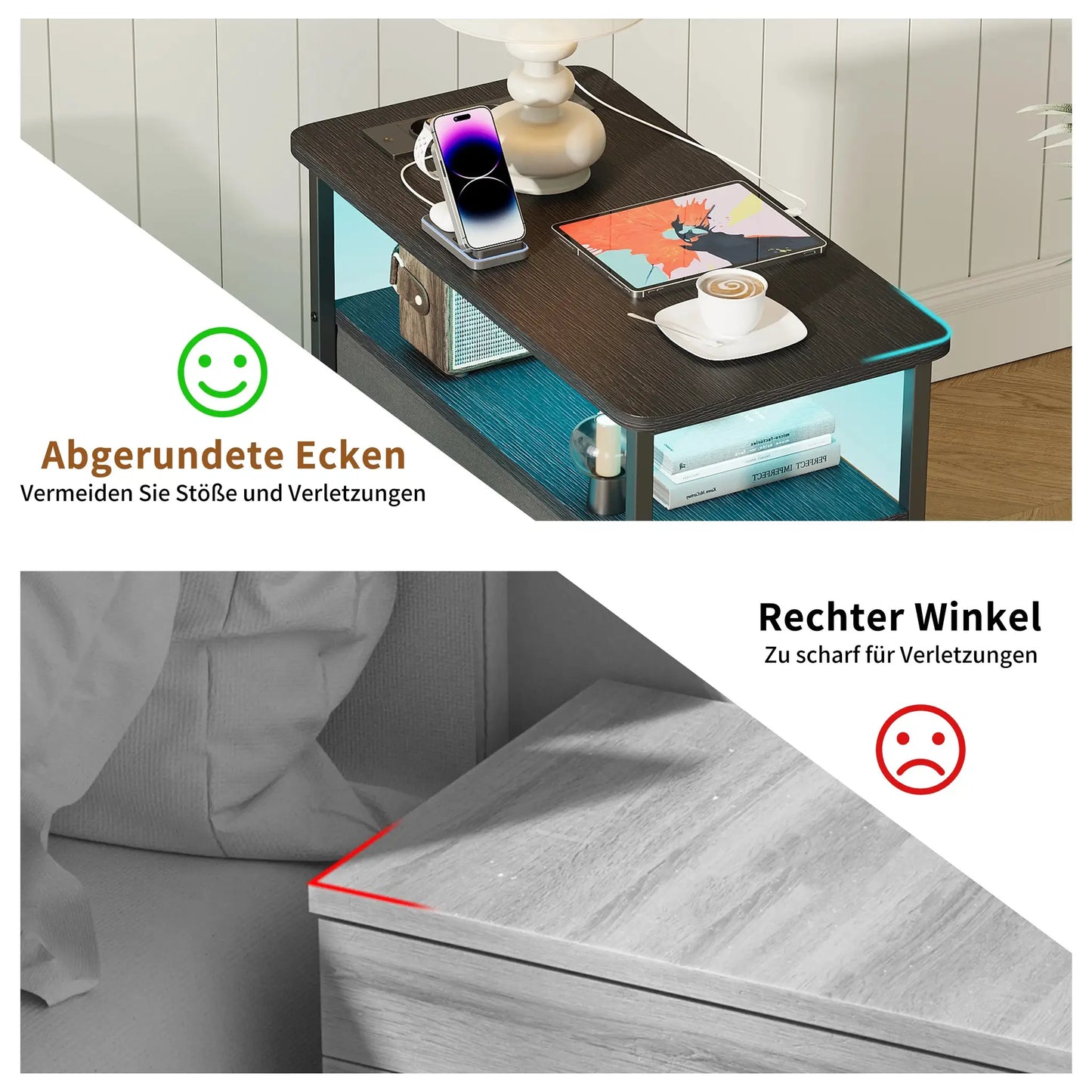 WOODENAURA Vierstöckiger Nachttisch mit zwei Stoffschubladen, LED-Licht + Ladestation, offenes Regal, Beistelltisch, schwarz by Golden Bridge Store