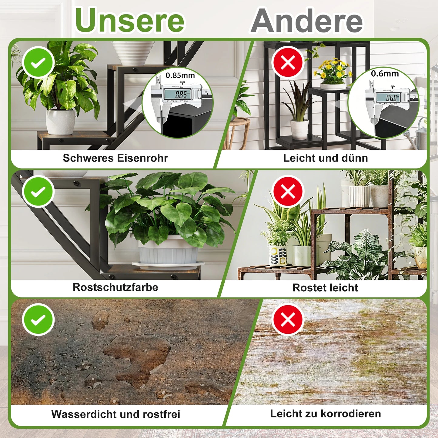 WoodenAura Pflanzenständer 9 Ebenen 138 cm Metallrahmen Holzregal
