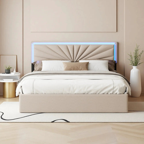 Polsterbett 140x200 cm Mit 4 Schubladen Verstellbares Kopfteil Beige