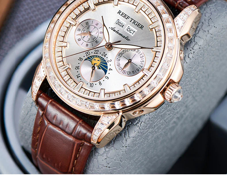 Automatic moonphase  watch by reef tiger diamonds bezel blue dial