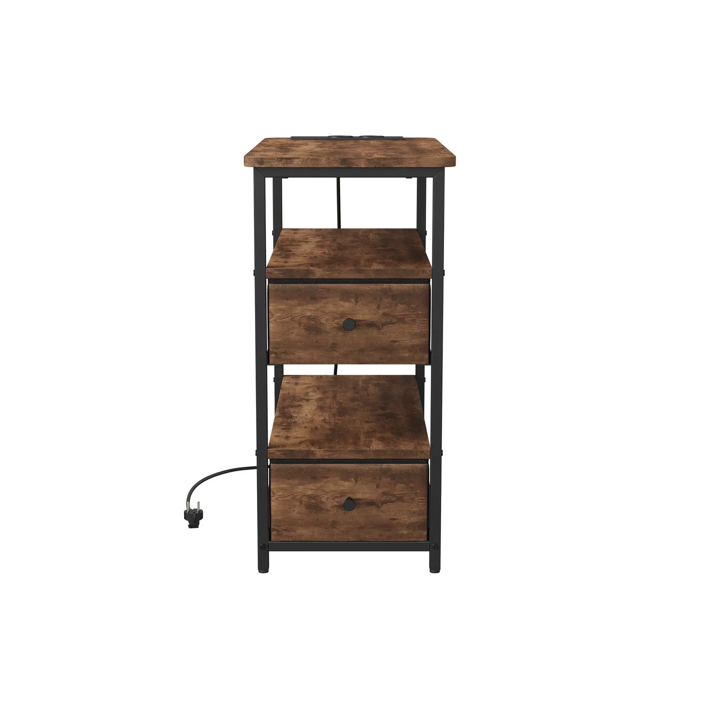 WOODENAURA Nachttisch mit zwei Stoffschubladen, LED-Licht + Ladestation, offenes Regal, Beistelltisch, braun, vierstufiger Aufbewahrungsschrank by Golden Bridge Store