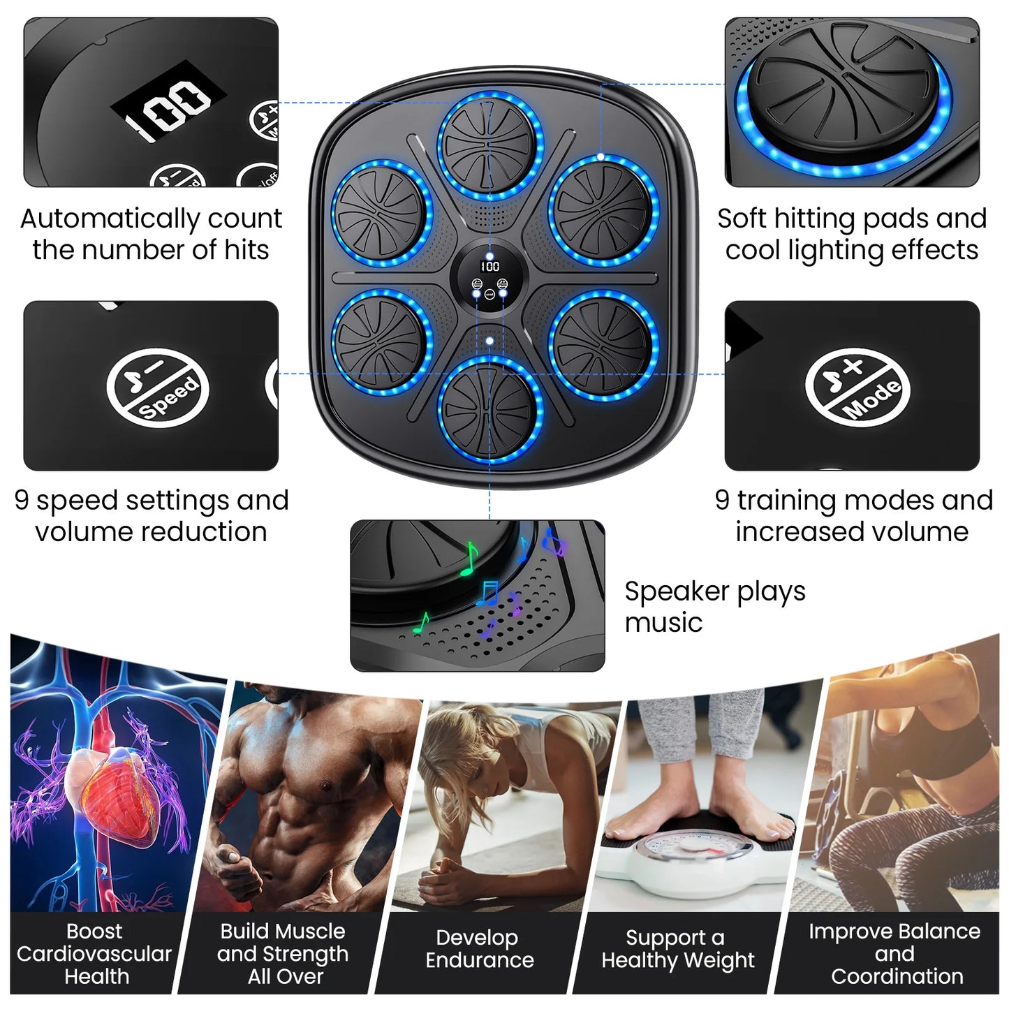 Smart Music Boxenmaschine mit RGB-Rhythmus-Lichtern & Bluetooth - Wandmontiertes Punch-Target, Erwachsene/Kinder-Handschuhe inklusive für Home-Gym