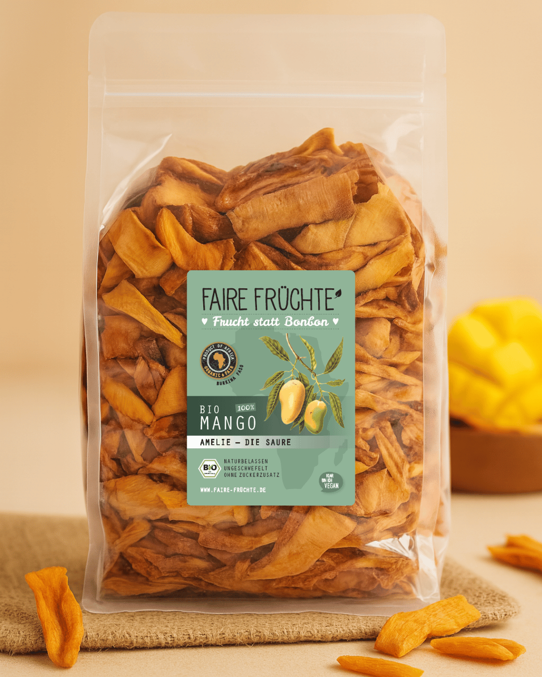 Fâșii de mango bio Amelie the Sour cu aromă de fructe - Capacitate 1 kg, vegane, din comerț echitabil