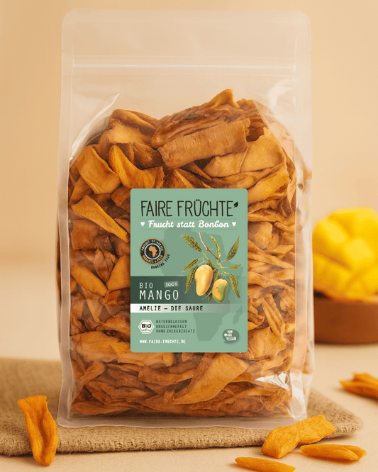 Fâșii de mango bio Amelie the Sour cu aromă de fructe - Capacitate 1 kg, vegane, din comerț echitabil