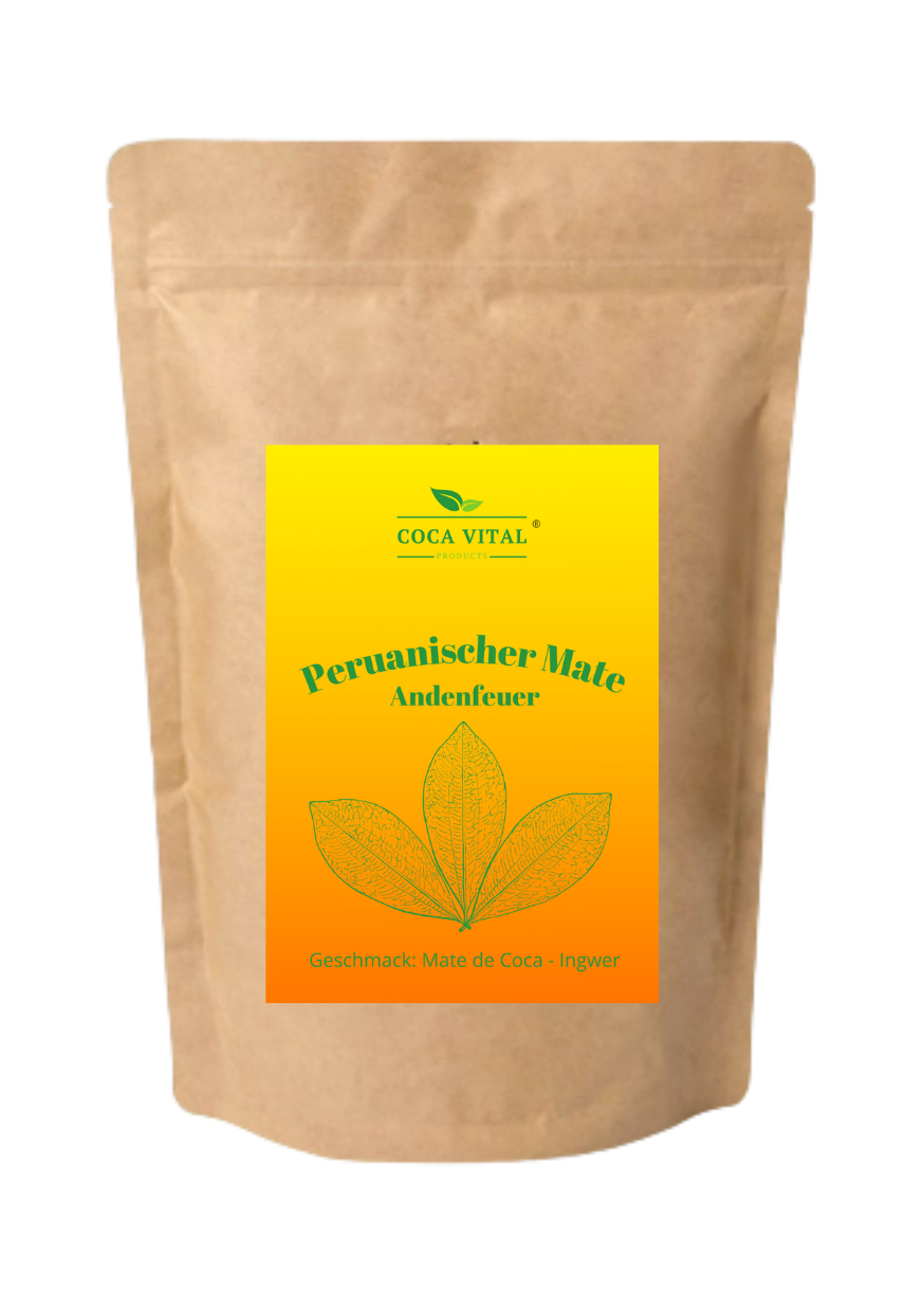 Coca Vital Andean Fire Peruvian Mate - Ghimbir Picant, pachet de 100 grame, dimensiuni 8 x 6 cm