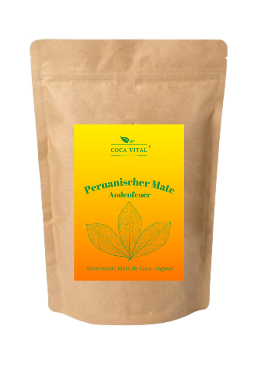 Coca Vital Andean Fire Peruvian Mate - Ghimbir Picant, pachet de 100 grame, dimensiuni 8 x 6 cm