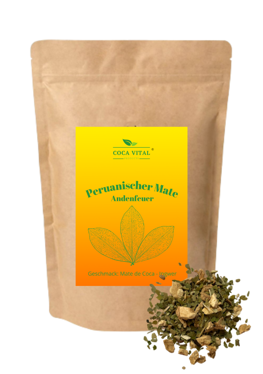 Coca Vital Andean Fire Peruvian Mate - Ghimbir Picant, pachet de 100 grame, dimensiuni 8 x 6 cm