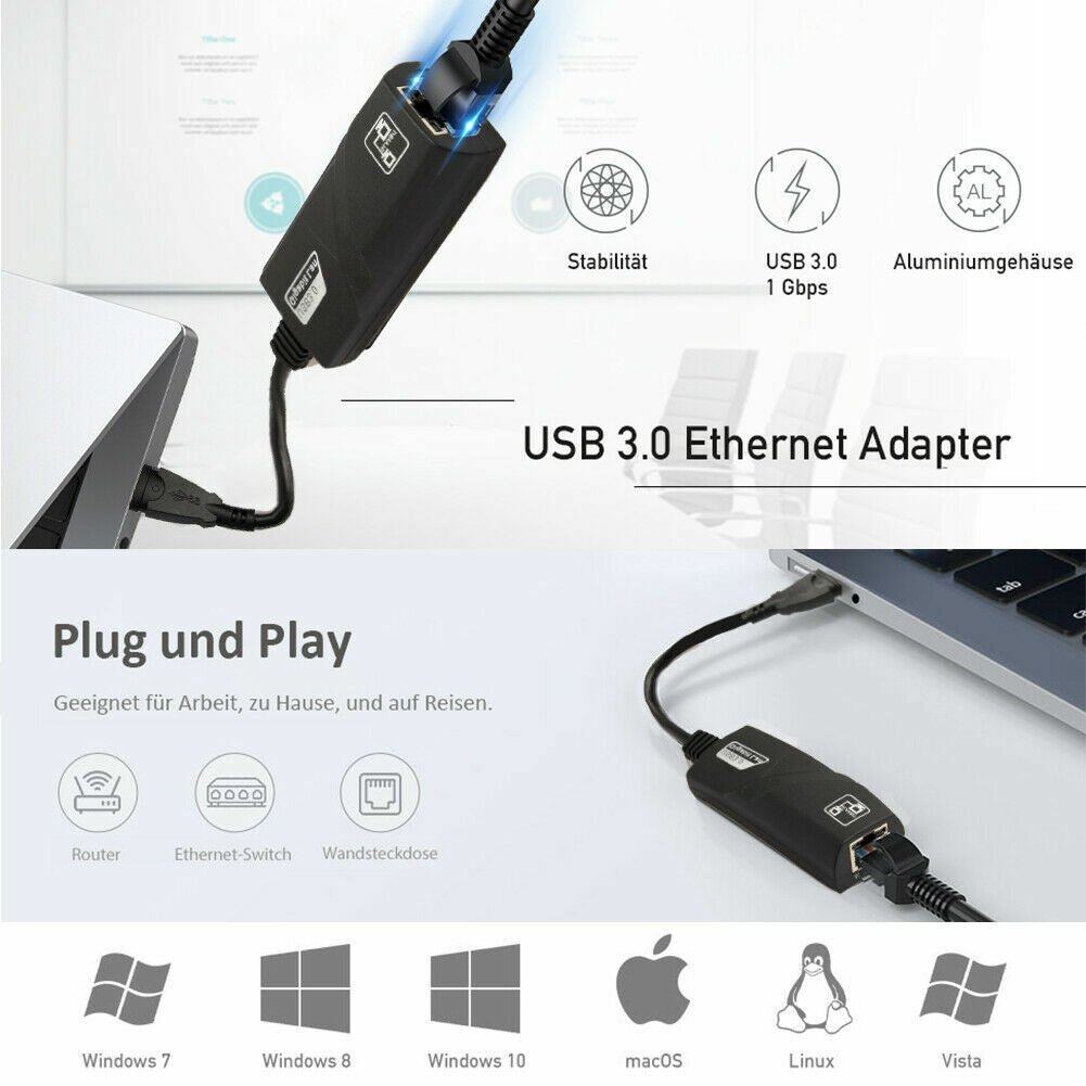 Adaptor LAN USB 3.0 DREIKS - Gigabit Ethernet 10/100/1000 Mbps, alimentat prin USB, design compact