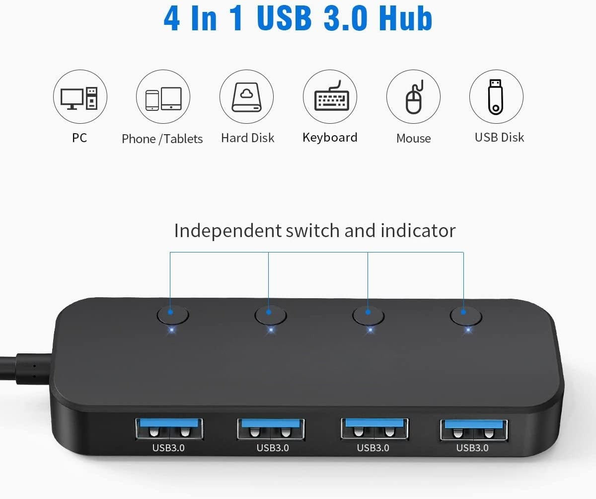 DREIKS 4-Port USB Hub Mit LED Und Unabhängige Einzelschalter - USB 3.0 Bis Zu 5 Gbps Schlankes Design