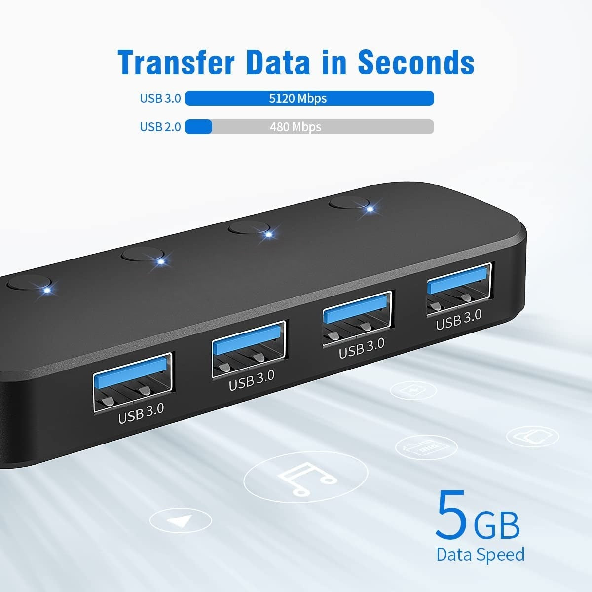 DREIKS 4-Port USB Hub Mit LED Und Unabhängige Einzelschalter - USB 3.0 Bis Zu 5 Gbps Schlankes Design