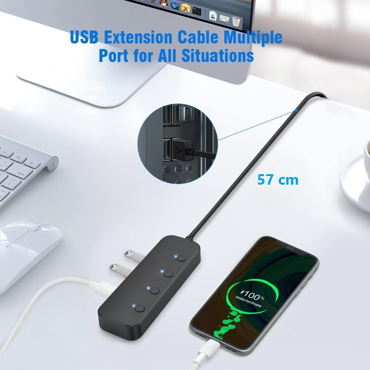 DREIKS 4-Port USB Hub Mit LED Und Unabhängige Einzelschalter - USB 3.0 Bis Zu 5 Gbps Schlankes Design