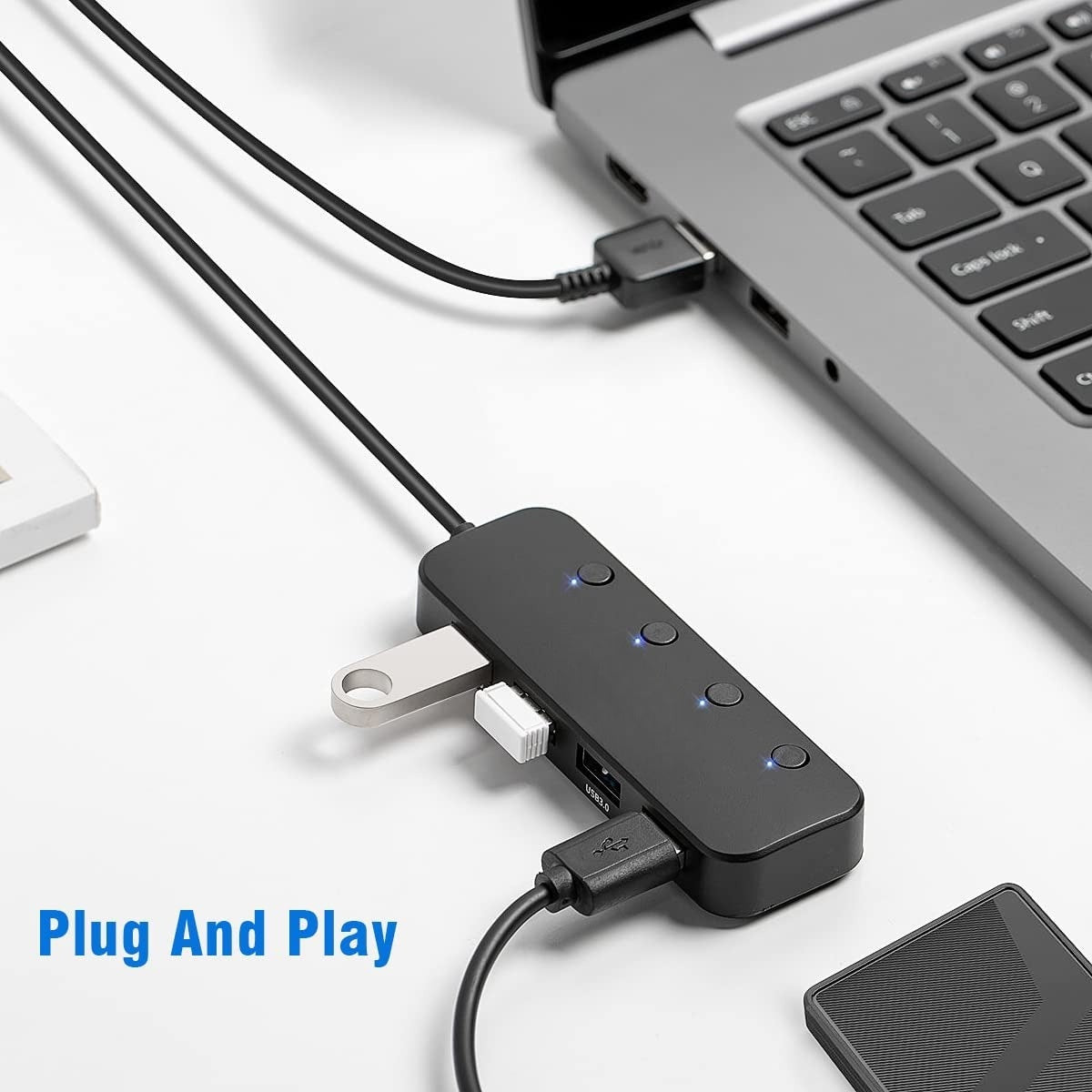 DREIKS 4-Port USB Hub Mit LED Und Unabhängige Einzelschalter - USB 3.0 Bis Zu 5 Gbps Schlankes Design