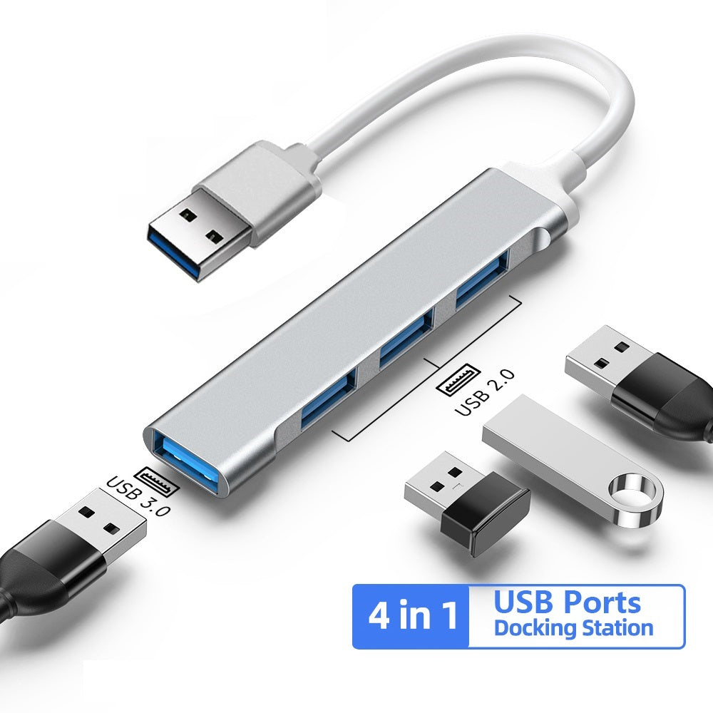 4-Port USB Hub Adapter Verteiler Docking USB 2.0 3.0 Laptop Notebook Grau Silber