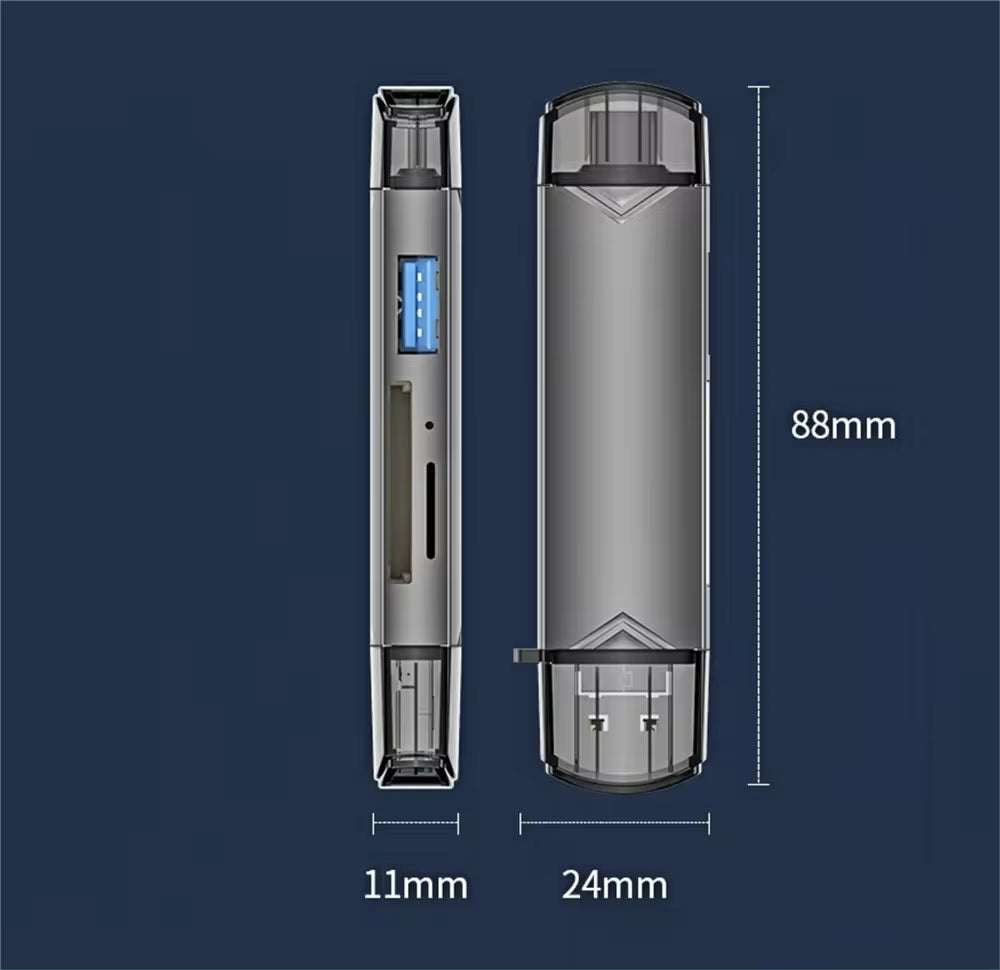 Cititor de carduri OTG 6 în 1 DREIKS - Capacitate de până la 128 GB, Dimensiuni 88x24x11 mm, Alimentat prin magistrală USB
