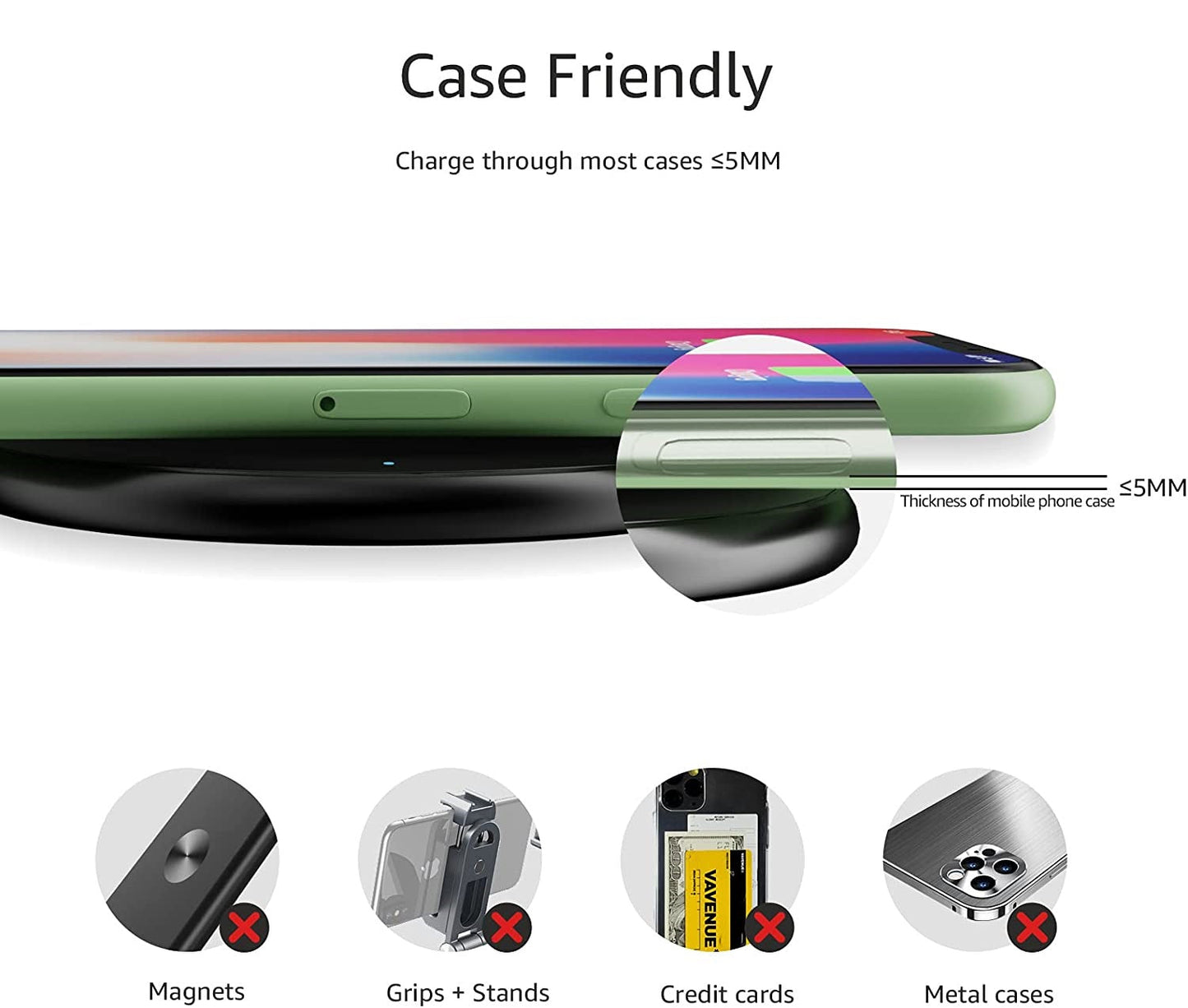 DREIKS Ladestation Qi 15W Schnellladen - LED Anzeige, Hüllenfreundlich Bis 5 mm, Induktiv