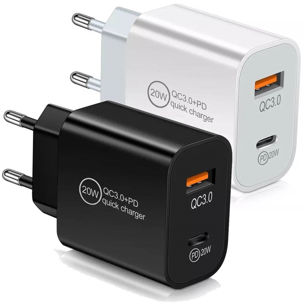 Încărcător rapid cu două porturi de 20 W, USB-C și USB-A, cu adaptor de încărcare PD și QC de 3 A