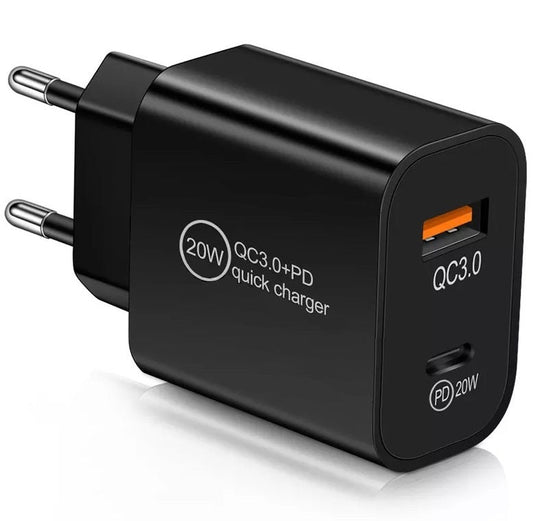 Încărcător rapid cu două porturi de 20 W, USB-C și USB-A, cu adaptor de încărcare PD și QC de 3 A