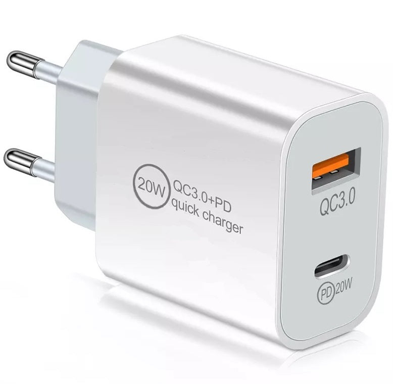 Încărcător rapid cu două porturi de 20 W, USB-C și USB-A, cu adaptor de încărcare PD și QC de 3 A
