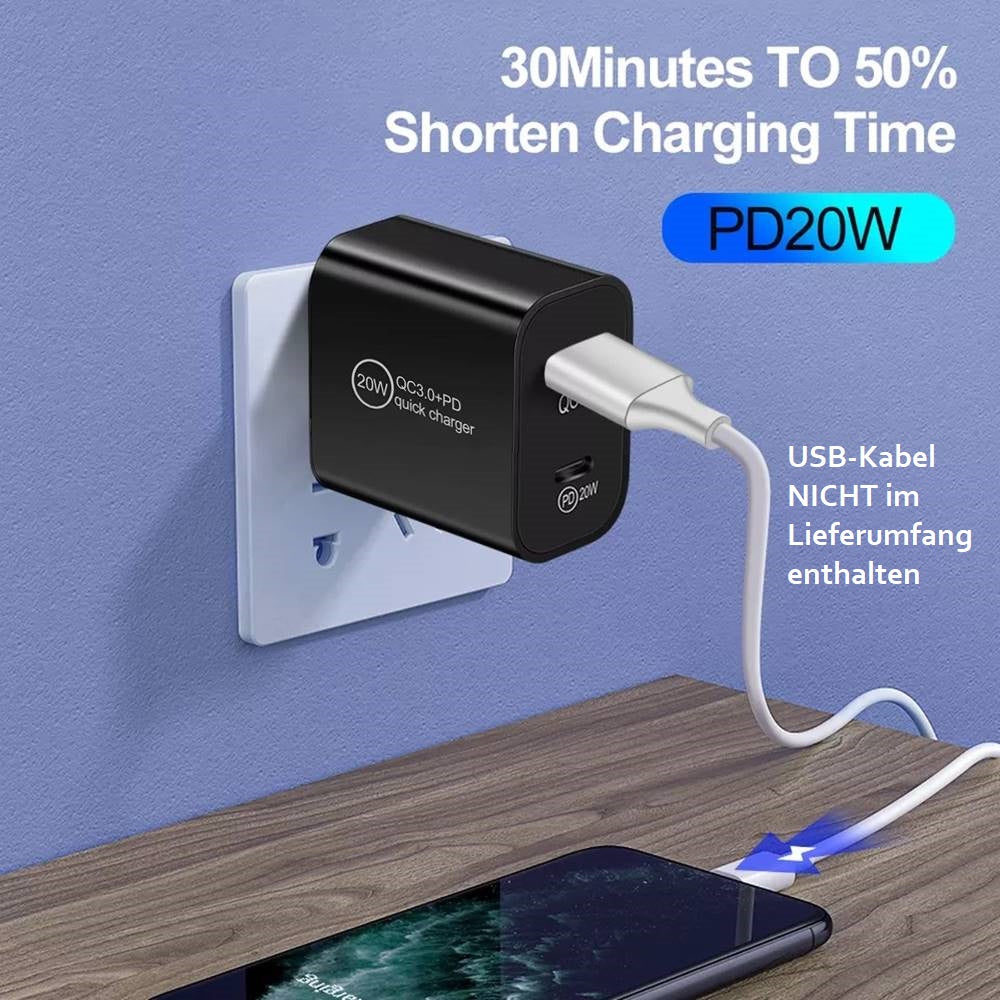 Încărcător rapid cu două porturi de 20 W, USB-C și USB-A, cu adaptor de încărcare PD și QC de 3 A