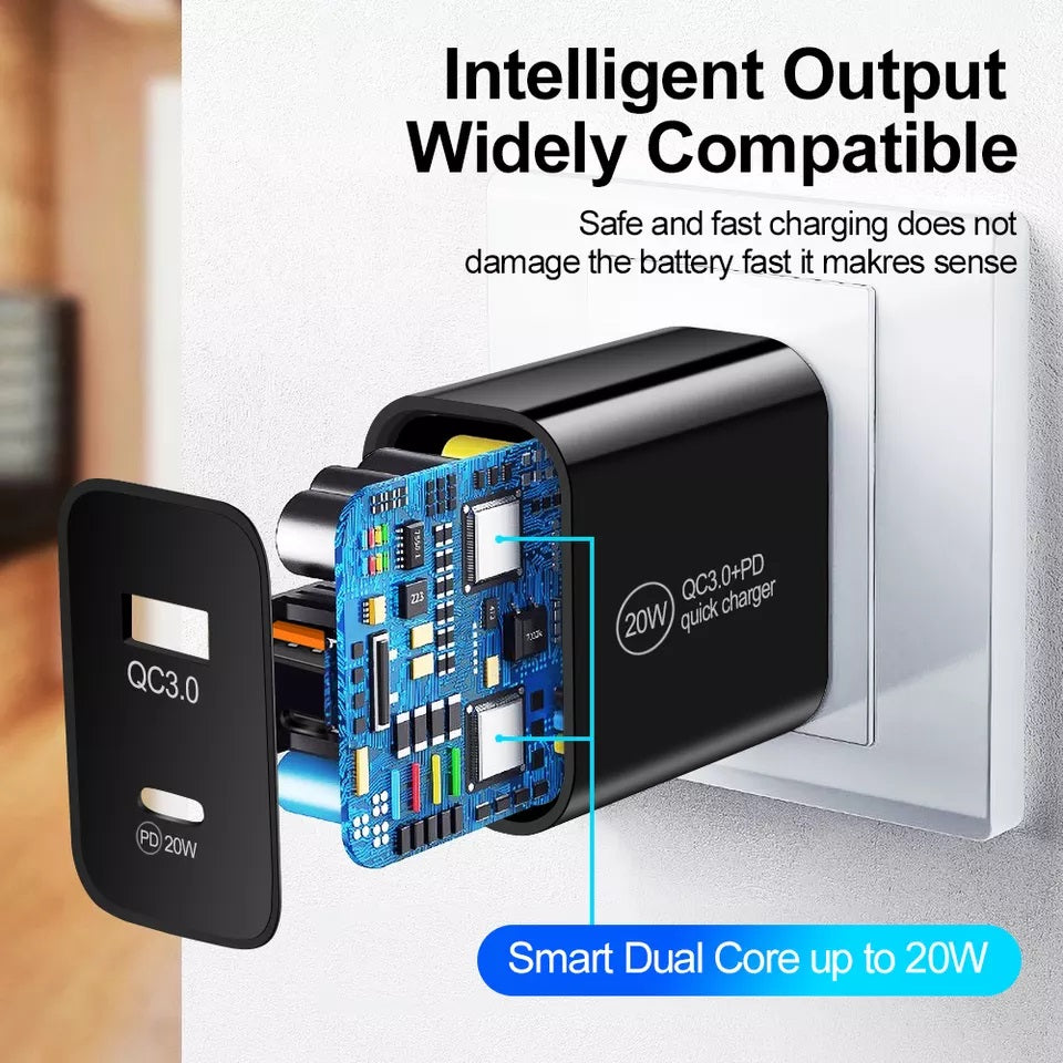 Încărcător rapid cu două porturi de 20 W, USB-C și USB-A, cu adaptor de încărcare PD și QC de 3 A