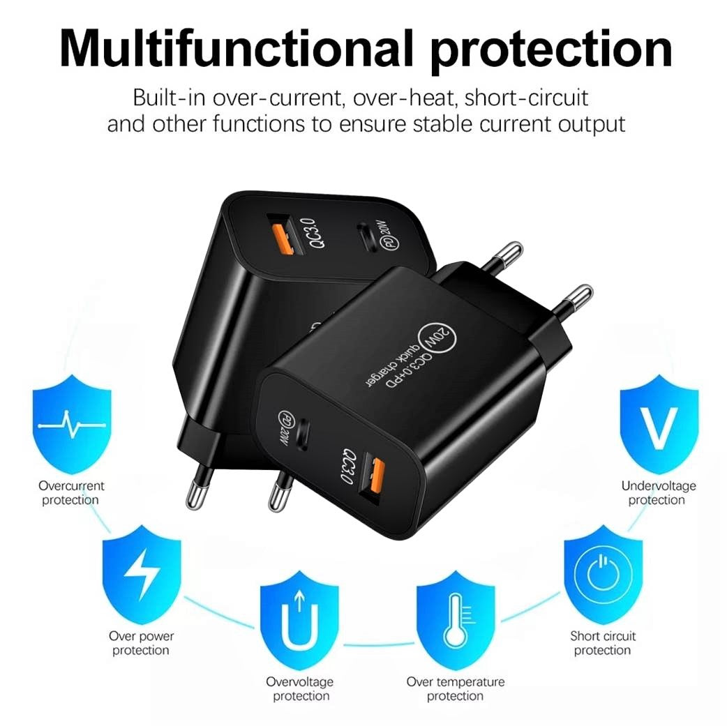 Încărcător rapid cu două porturi de 20 W, USB-C și USB-A, cu adaptor de încărcare PD și QC de 3 A