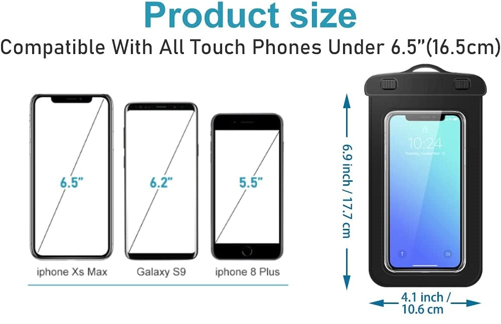 DREIKS Wasserdichte Handyhülle - Passend Bis 6,5 Zoll, Kartenfach, Maße 165x80mm, Transparent Vorderseite