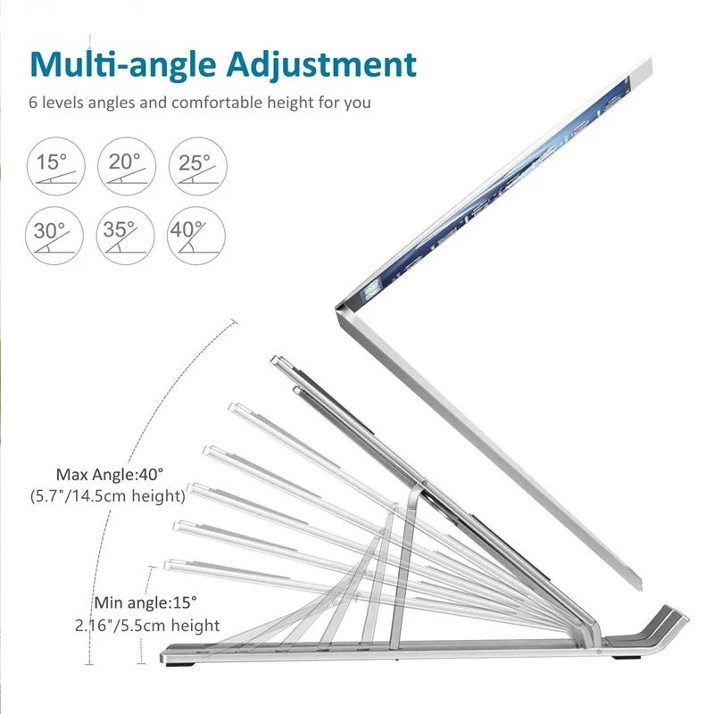 Suport reglabil pentru laptop DREIKS - 9 niveluri de înălțime, structură triunghiulară din aluminiu, tampoane antiderapante din silicon