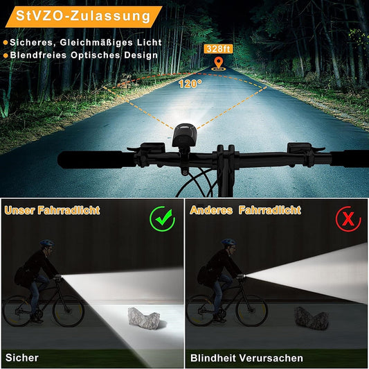 Set de lumini LED pentru bicicletă DREIKS StVZO - Lampă față 30/15 Lux, baterie 1050 mAh, rezistentă la stropire IPX4