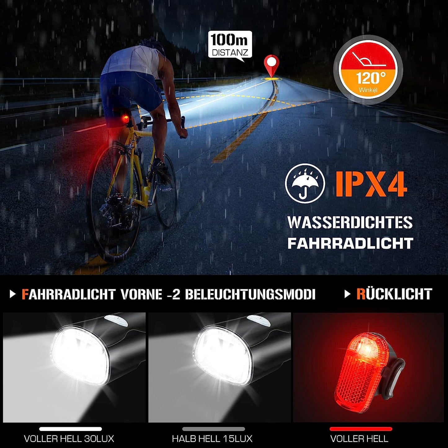 Set de lumini LED pentru bicicletă DREIKS StVZO - Lampă față 30/15 Lux, baterie 1050 mAh, rezistentă la stropire IPX4