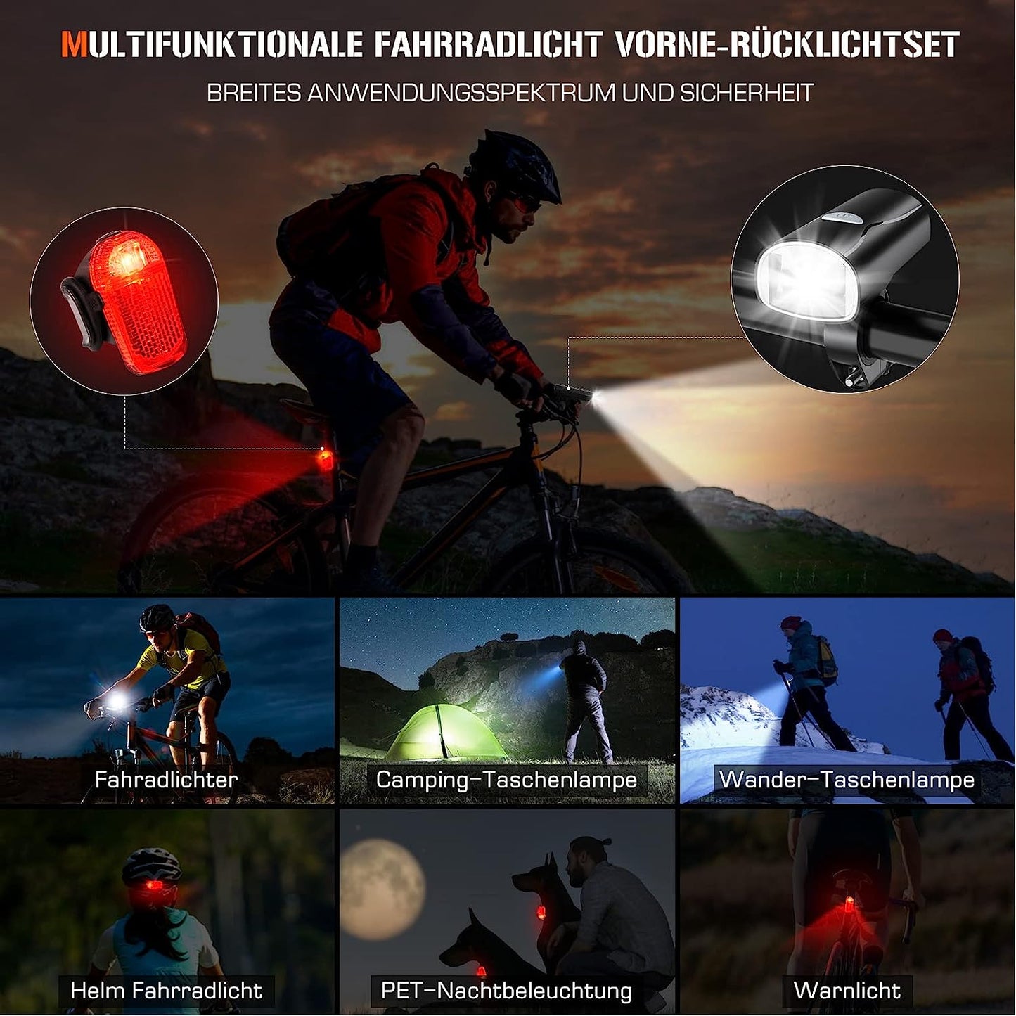 Set de lumini LED pentru bicicletă DREIKS StVZO - Lampă față 30/15 Lux, baterie 1050 mAh, rezistentă la stropire IPX4