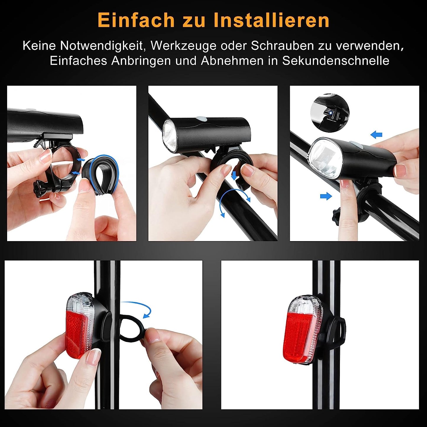 Set de lumini LED pentru bicicletă DREIKS StVZO - Lampă față 30/15 Lux, baterie 1050 mAh, rezistentă la stropire IPX4