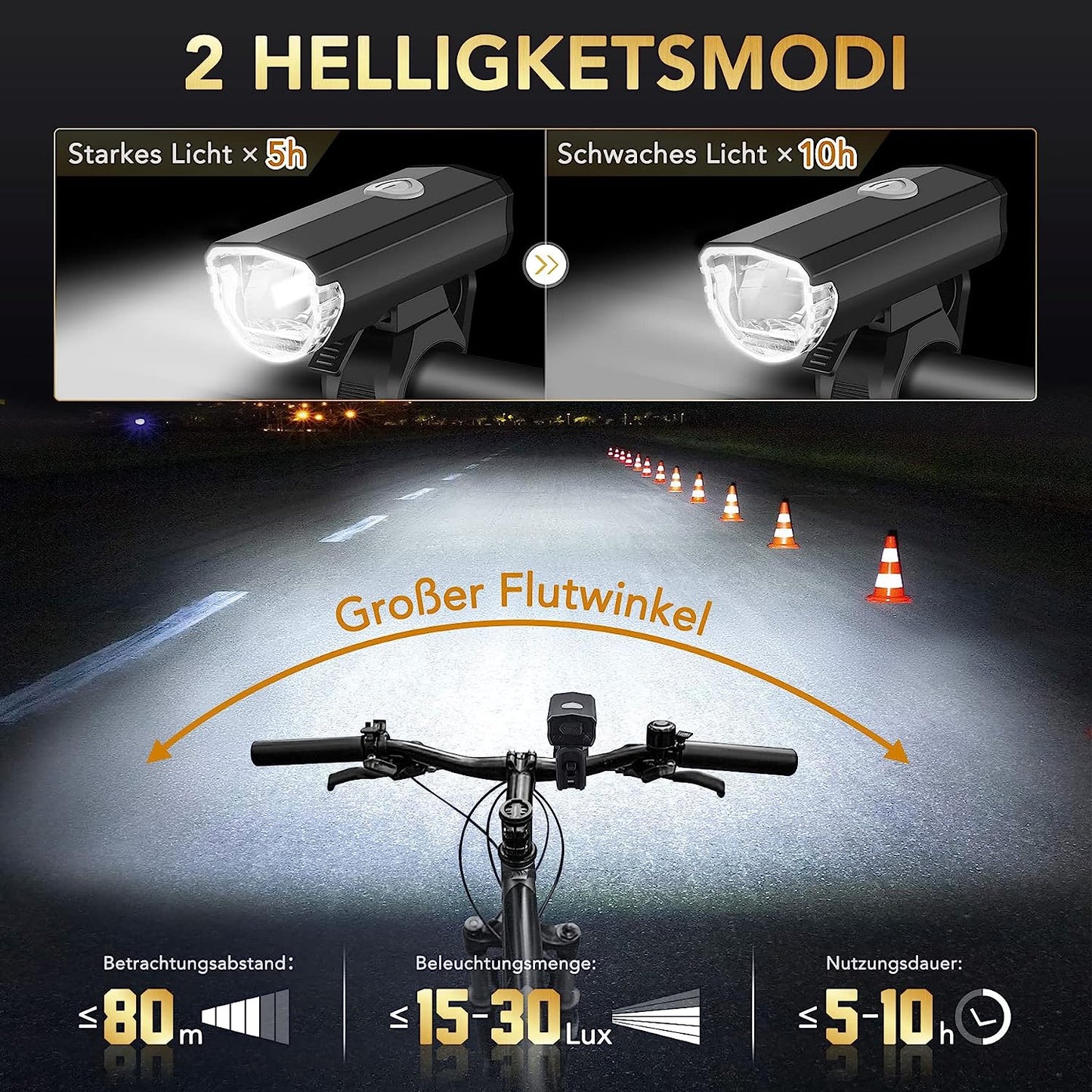 DREIKS LED Fahrradlicht Set StVZO Front- Und Rücklicht - 30/15 Lux, 1500 mAh, IPX4