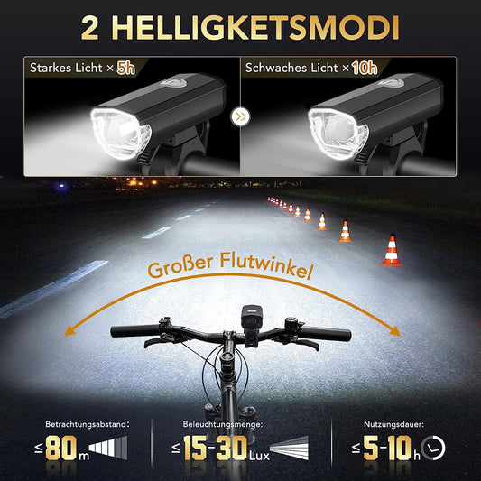 Set de lumini LED pentru bicicletă DREIKS, lumină față și spate StVZO - 30/15 Lux, 1500 mAh, IPX4