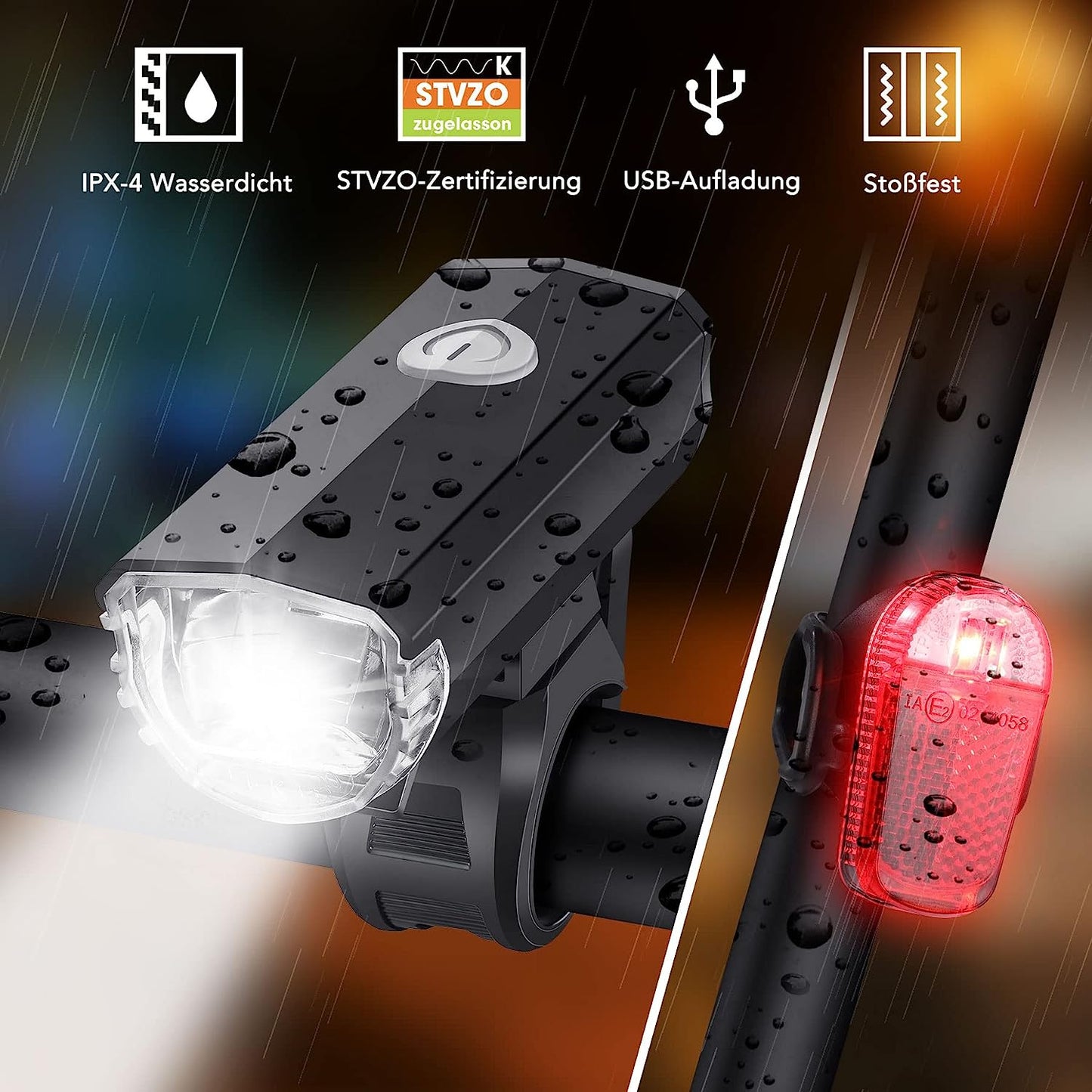 DREIKS LED Fahrradlicht Set StVZO Front- Und Rücklicht - 30/15 Lux, 1500 mAh, IPX4