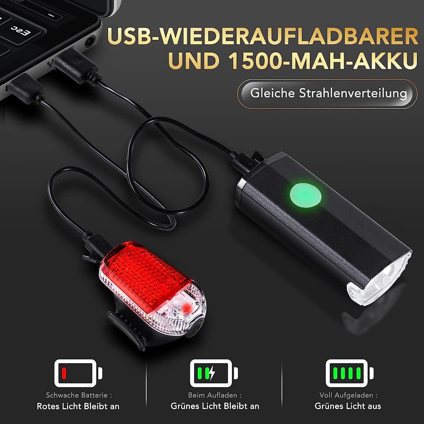 DREIKS LED Fahrradlicht Set StVZO Front- Und Rücklicht - 30/15 Lux, 1500 mAh, IPX4