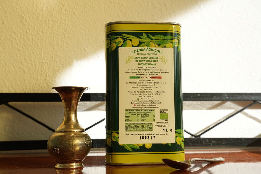 Ulei de măsline extravirgin Ritacca organic - Capacitate 1 L, Presat la rece, Dimensiuni 9x9 cm