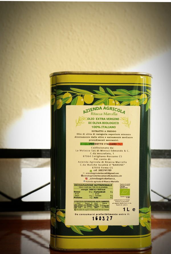 Ulei de măsline extravirgin Ritacca organic - Capacitate 1 L, Presat la rece, Dimensiuni 9x9 cm