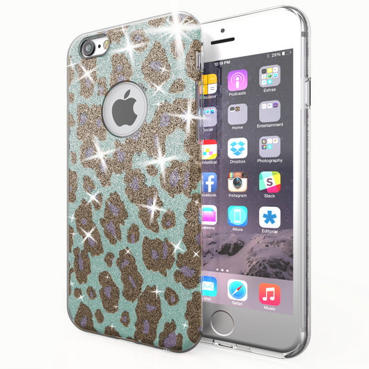 NALIA iPhone 6/6S Hülle Glitzer Leoparden Muster - Ultra-Slim TPU Silikon Türkis Blau