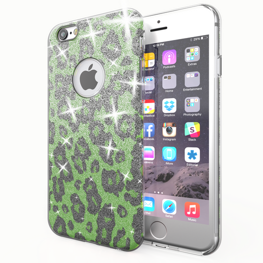 NALIA Hülle Leopard Glitzer - Ultra-Slim Silikon Case Grün Kompatibel iPhone 6/6S