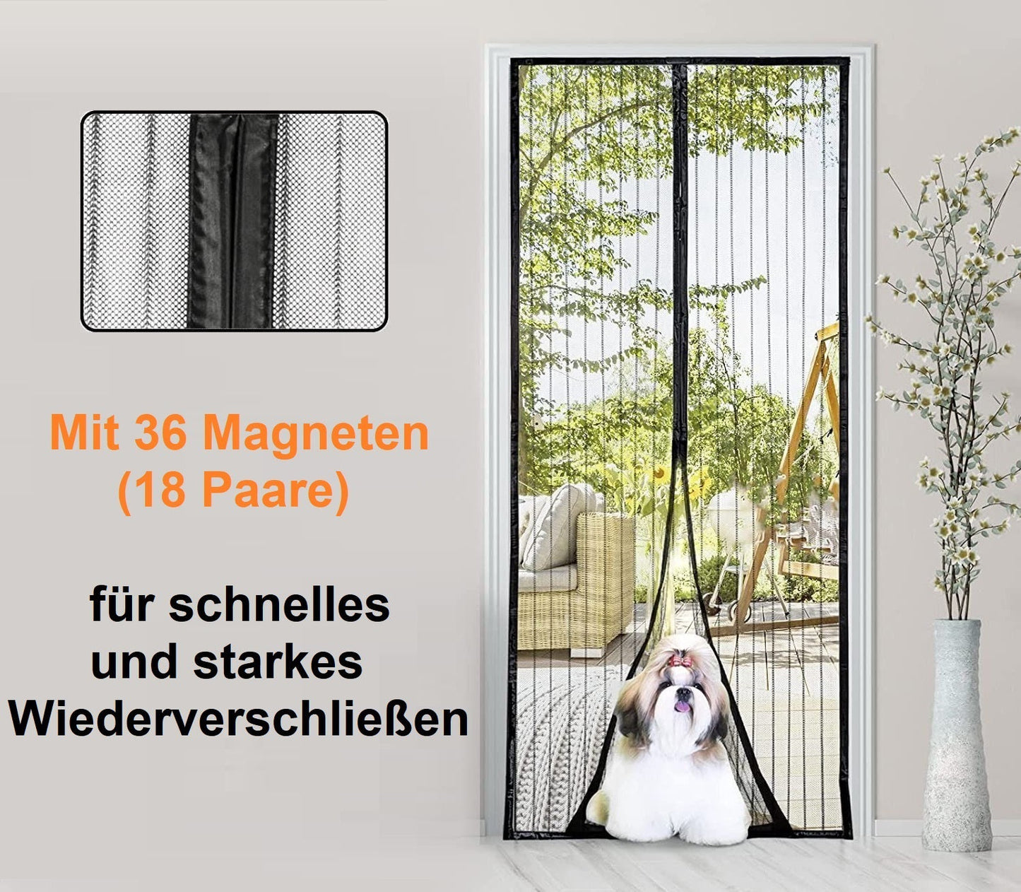 DREIKS Magnetisches Fliegengitter Tür - Magnete 36 Stück, Klettband Inklusive, Polyester Schwarz