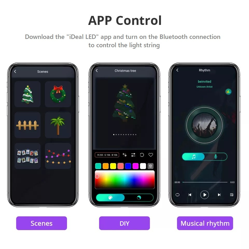 DREIKS Șnur luminos inteligent cu LED-uri, Alexa, RGB, USB, impermeabil - Lungime 5 m, 60 LED-uri, control muzical
