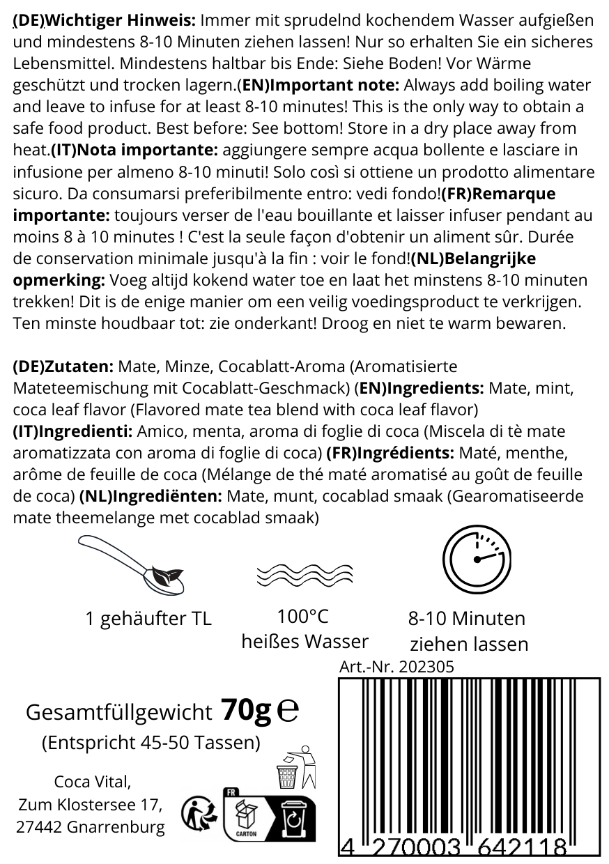 Ceai de frunze de coca Coca Vital Fresh Mint - Conținut 100 g, Conține cafeină, Origine Bolivia