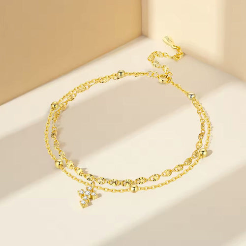 SilberKreuz Doppellagige Fußkettchen - Länge Verstellbar 925er Silber