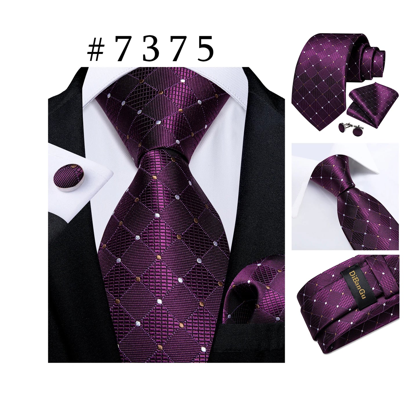 Purple Plaid Dot Men's Ties Pocket Square Cufflinks Business Wedding Accessoires Neck Tie Gift For Men Cravat Silk Tie DiBanGu