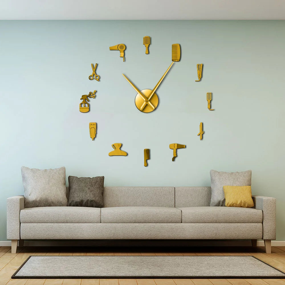 DIY Barber Shop Giant Wall Clock With Mirror Effect Barber Toolkits Decorative Frameless Watch Hairdresser Barber Wall Art Decor