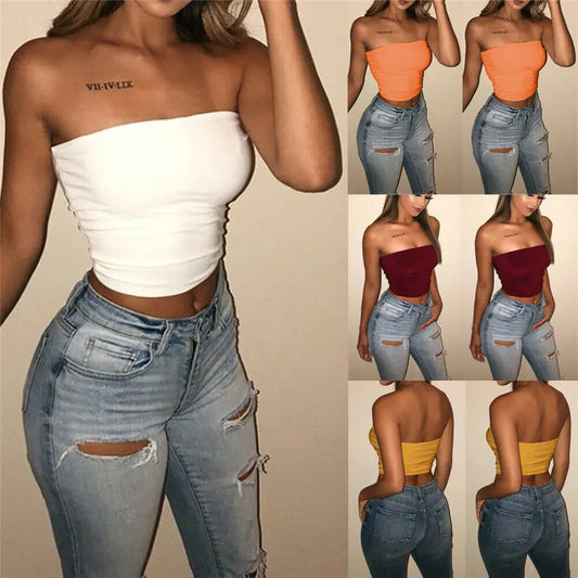 Sexy Tank Top Women Strapless Off Shoulder Tube Top Shortened Female Cami White Black Cropped Vest Backless 2020 Summer Clothes