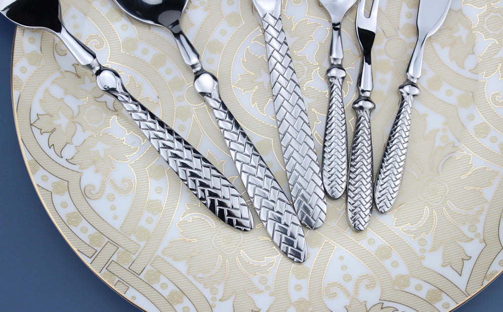 LUCF Royal Luxury 2025 - Gewebtes Muster Griff Spiegel Edelstahl Geschirr - Elegantes Besteck Delikates Tafelgeschirr Küche Hotel