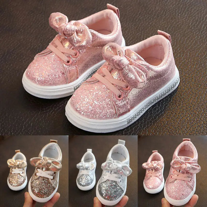 Lioraitiin Mädchen Sport Schuhe 2025 - Weiche Sohle Pailletten Casual Sneakers - Süße Schleife Glänzend Schuhe